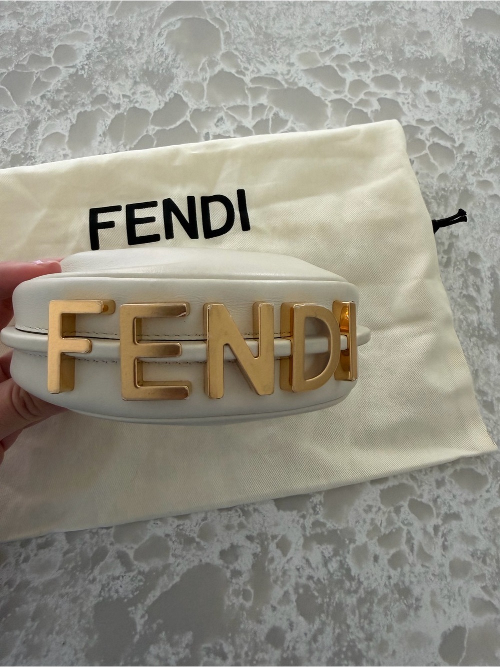 Fendi Cream Leather Nano Bag with Gold Logo Hardware